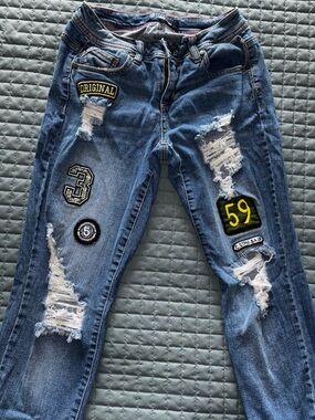Boom Boom Jeans Size 3 Patchwork Racing Moto Distressed Y2K Straight Leg 26x30